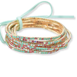 97761, GOLD PLAITING WITH PINK TONES PAVE RHINESTONE MULTI LAYERED STRETCH BRACELET SET