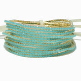 97761, GOLD PLAITING  WITH BLUE TONES PAVE RHINESTONE MULTI LAYERED STRETCH BRACELET SET