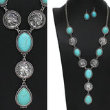 97853, BUFFALO COIN WITH TURQUOISE STONE LONG NECKLACE