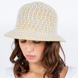 97885, PEARL STUDDED RHINESTONE STRAW BUCKET HAT