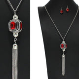 97891, GEOMETRIC RHINESTONE ACCENT WITH TASSEL LONG NECKLACE