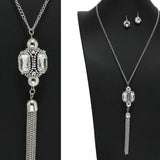 97891, GEOMETRIC RHINESTONE ACCENT WITH TASSEL LONG NECKLACE