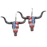 97962, USA AMERICAN FLAG STEER HEAD WOOD EARRING