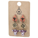 97973, WESTERN COW WOOD STUD EARRING SET