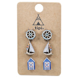 97974, NAUTICAL SAILBOAT WOOD STUD EARRING SET