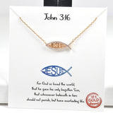 97997, GOLD DIPPED, "JOHN 3:16" JESUS ICHTHYS CUBIC ZIRCONIA NECKLACE