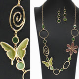 98176, BUTTERFLY & FLOWER ABSTRACT GLASS LONG NECKLACE