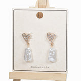 98208, HEART PAVE RHINESTONE WITH FRESHWATER PEARL DANGLE EARRING