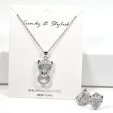98228, PANTHER CUBIC ZIRCONIA STAINLESS STEEL NECKLACE SET