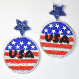 98239, 3"L, USA AMERICAN FLAG ROUND SEED BEADED EARRING