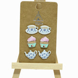 98264, TEA CUP AND TEAPOT & CUPCAKE ENAMEL STUD EARRING SET
