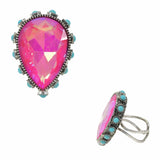 98272, TEARDROP RHINESTONE WITH ROUND TURQUOISE STONE ACCENT CUFF RING