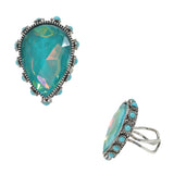 98272, TEARDROP RHINESTONE WITH ROUND TURQUOISE STONE ACCENT CUFF RING