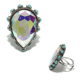 98272, TEARDROP RHINESTONE WITH ROUND TURQUOISE STONE ACCENT CUFF RING