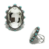98273, OVAL RHINESTONE WITH ROUND TURQUOISE STONE ACCENT CUFF RING