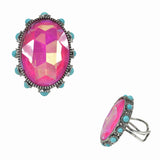 98273, OVAL RHINESTONE WITH ROUND TURQUOISE STONE ACCENT CUFF RING