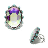 98273, OVAL RHINESTONE WITH ROUND TURQUOISE STONE ACCENT CUFF RING
