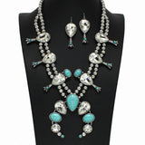 98280, WESTERN SQUASH BLOSSOM RHINESTONE WITH TURQUOISE STONE NECKLACE