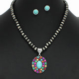 98314, WESTERN OVAL TURQUOISE WITH NAVAJO BEADED NECKLACE