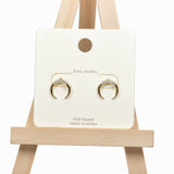 98348, GOLD DIPPED BRASS CRESCENT HORN WITH PAVE RHINESTONE STUD EARRING