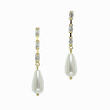 98438, GOLD DIPPED BRASS, RECTANGLE RHINESTONE ACCENT WITH PEARL DANGLE EARRING