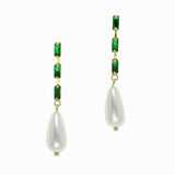 98438, GOLD DIPPED BRASS, RECTANGLE RHINESTONE ACCENT WITH PEARL DANGLE EARRING