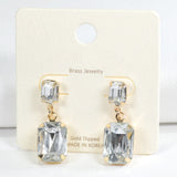 98448, GOLD DIPPED BRASS, RECTANGLE RHINESTONE DANGLE EARRING