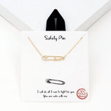 98513, GOLD DIPPED, "SAFETY PIN" DAINTY LOVE CUBIC ZIRCONIA NECKLACE