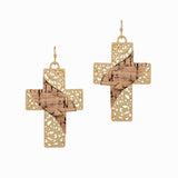 98517, FILIGREE CROSS CORK ACCENT DANGLE EARRING