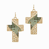 98517, FILIGREE CROSS CORK ACCENT DANGLE EARRING
