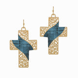 98517, FILIGREE CROSS CORK ACCENT DANGLE EARRING