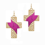 98517, FILIGREE CROSS CORK ACCENT DANGLE EARRING