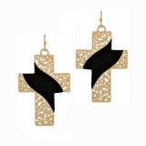 98517, FILIGREE CROSS CORK ACCENT DANGLE EARRING