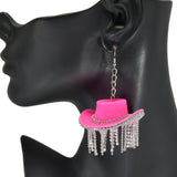 98523, WESTERN COWBOY HAT RHINESTONE TASSEL DROP EARRING