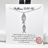 98534, GOLD DIPPED, "MATTHEW 13:47-48" ICHTHYS CUBIC ZIRCONIA FISH CROSS CHARM NECKLACE