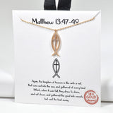 98534, GOLD DIPPED, "MATTHEW 13:47-48" ICHTHYS CUBIC ZIRCONIA FISH CROSS CHARM NECKLACE