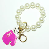 98633, PINK RIBBON BOXING GLOVE ENAMEL CHARM KEYCHAIN WITH PEARL STRETCH BRACELET