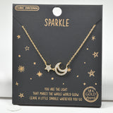 98640, GOLD DIPPED, "SPARKLE" DAINTY CRESCENT MOON & STAR CUBIC ZIRCONIA NECKLACE