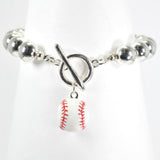 98683, BASEBALL ENAMEL CHARM WITH BALL BEAD STRETCH TOGGLE BRACELET
