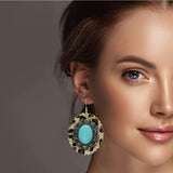 98734, WESTERN LEOPARD FAUX LEATHER WITH TURQUOISE STONE EARRING