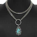 98759, WESTERN TEARDROP TURQUOISE STONE DOUBLE LAYERED NECKLACE