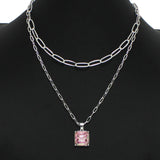 98839, SQUARE RHINESTONE CHARM DOUBLE LAYERED NECKLACE