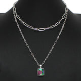 98839, SQUARE RHINESTONE CHARM DOUBLE LAYERED NECKLACE