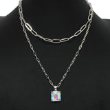 98839, SQUARE RHINESTONE CHARM DOUBLE LAYERED NECKLACE