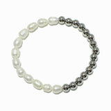 98877, HALF FRESHWATER PEARL WITH STAINLESS STEEL BALL BEAD STRETCH BRACELET