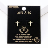 98908, GOLD DIPPED, CROSS CUBIC ZIRCONIA STUD EARRING/925 STERLING SILVER POST