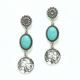 98923, WESTERN INDIAN COIN TURQUOISE STONE EARRING