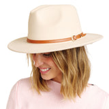 98998, FELT FEDORA HAT WITH BROWN LEATHER TRIM