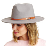 98998, FELT FEDORA HAT WITH BROWN LEATHER TRIM