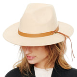 98999, FELT FEDORA HAT WITH BROWN LEATHER TRIM